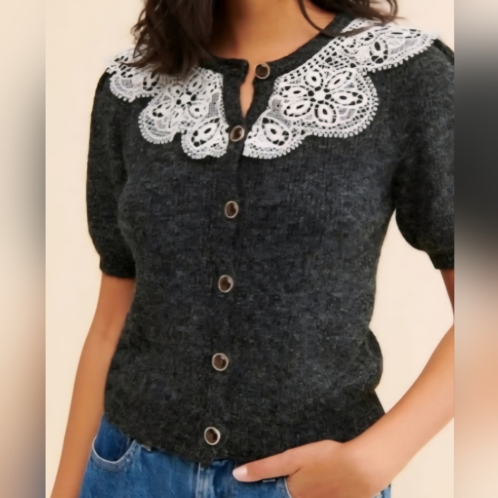 Heartloom Charcoal Button-Up Cardigan with Lace Collar